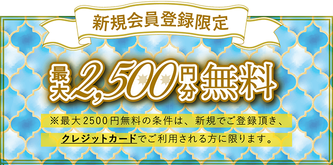 新規会員登録限定最大3,500円分無料※最大3500円無料の条件は、新規でご登録頂き、クレジットカードでご利用される方に限ります。